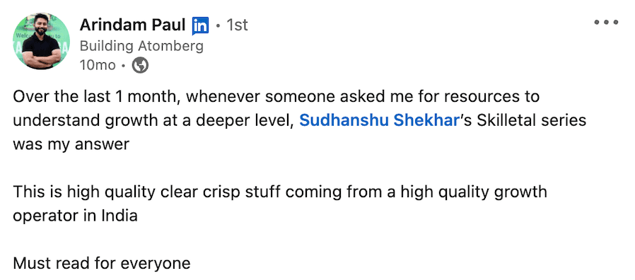 testimonial by Arindam, chief business officer at Atomberg for firestarter series